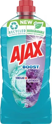 A bottle of AJAX cleaning product with a split design showing vinegar and lavender.