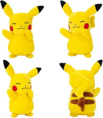 Four different poses of Pikachu plush toys against a white background.