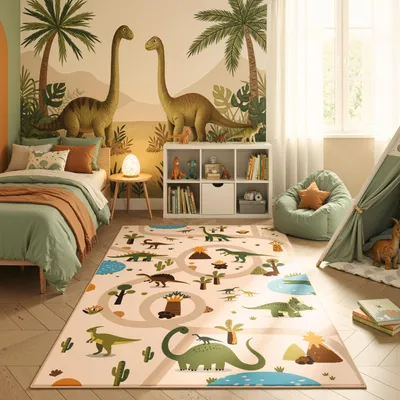 Produktbild von Homebyhome Kinderteppich Dinosaurier Spielteppich für Kinderzimmer in Beige Dino Motiv mit Straßen Größe 160x230 cm perfekt für große Kinderzimmer