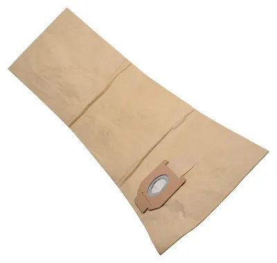 A disposable vacuum cleaner bag made of brown paper, lying diagonally on a white background.
