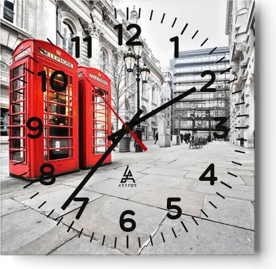 Produktbild von Wanduhr - Quadrat - Glasuhr - Telefon London Kultur - 30x30cm - Schleichendes Uhrwerk - Lautlos - zum Aufhängen bereit - Dekoration Modern - Wanddekoration aus Glas - C4AC30x30-2595
