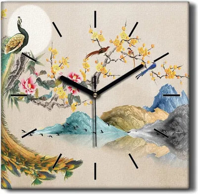 Produktbild von Coloray Hodiny Unikátní 30x30 cm  Tiché hodiny Pro obývací pokoj a kuchyň Nástěnné hodiny Plátno Černé ručičky hodin - Pfau Mountain Flowers