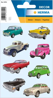 Produktbild von HERMA 3452 Aufkleber Autos klein groß, 24 Stück, Auto Sticker mit Vintage Oldtimer Fahrzeug Motiv, Kinder Etiketten für Fotoalbum Tagebuch Poesiealbum Scrapbooking Geburtstag Deko Briefe DIY Basteln