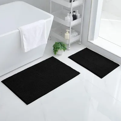 Productafbeelding van Homaxy Chenille badmat set, 2-delig, antislip, zacht, absorberend, wasbaar. Bestaat uit: badmat 40x60 cm + badmat 50x80 cm, zwart