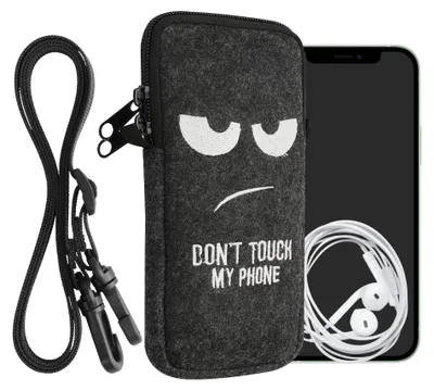 Produktbild von kwmobile Handytasche für Smartphones XL - 6,7/6,8" - Filz Handy Hülle Weiß Dunkelgrau - Handy Tasche mit Kette 17,2 x 8,4 cm Innenmaße - Don't touch