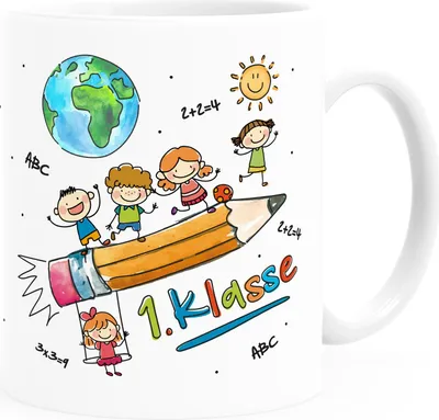 Produktbild von Kindertasse Kunststoff Schulkind Geschenk Einschulung 1. Klasse Strichmännchen lustig Jungen Mädchen SpecialMe® kunststoff-weiß standard