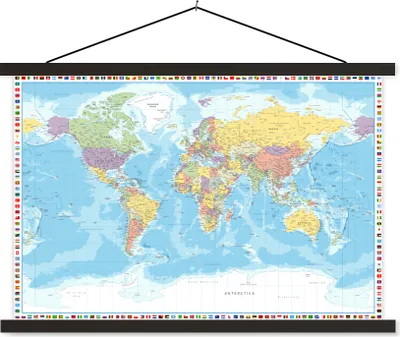 Produktbild von MuchoWow® Textilposter Weltkarte - Flagge - Politik 90x60 cm mit schwarzem Rahmen - Aufhängungssatz