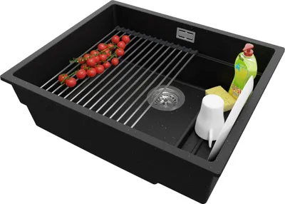 Produktbild von PRIMAGRAN Unterbauspüle Granit Schwarz Metallic 56x47cm, Spülbecken 1 Becken + Ablauf-Set + Aufrollbare Abtropffläche, Granitspüle ab 60er Unterschrank - Praga