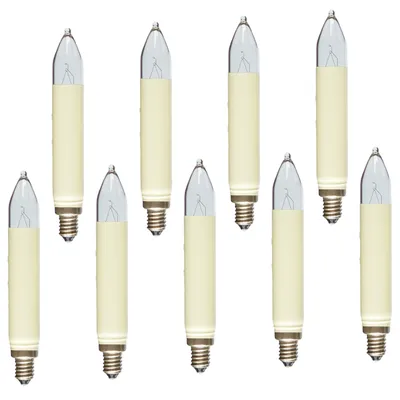 A collection of nine candle-shaped light bulbs arranged in two rows.
