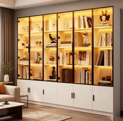 Produktbild von STILVORA Vitrine Weiß mit 12 Schranktüren und LED-Beleuchtung, Glasvitrine mit 240 cm Breite, Hochschrank als Multifunktionsschrank für Wohnzimmer