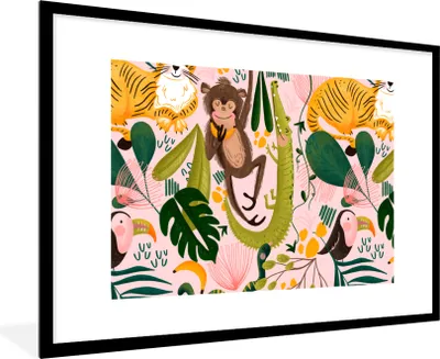 Produktbild von MuchoWow® MuchoWow® Gerahmtes Poster Affen - Pflanzen - Dschungel - Rosa 90x60 cm - Poster mit zchwarzem Bilderrahmen - Wanddekoration - Fotos