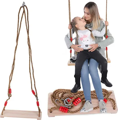 A collage showing a wooden swing set and a mother and child on a swing.