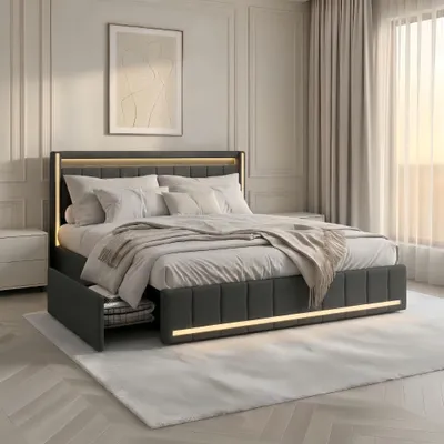 Produktbild von SUNFECILI Polsterbett 140x200,Bett mit Schubladen,Lattenrost,Weicher Rückenlehne und Kopfteil,USB,LED,Doppelbett,Jugendbett,Leinen,Grau