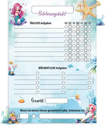 Produktbild von Belohnungstafel Kinder A4 Block Meerjungfrau - Motiviert Kinder spielerisch | 25 Blatt Belohnungstafel Kinder ab 3 | Belohnungssystem Kinder für Mädchen und Jungen
