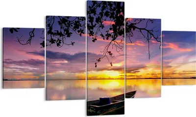 Produktbild von Bild auf Leinwand - Leinwandbild - Boot Sonnenuntergang See Himmel - 125x70cm - Wand Bild - Wanddeko - Leinwanddruck - Bilder - Kunstdruck - Leinwand bilder - Wandkunst - EA125x70-2967