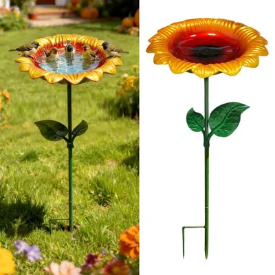 Obrázek produktu pro Krmítko pro ptáky, kovové, ve tvaru slunečnice, výška 64 cm, vhodné pro venkovní použití, odolné proti mrazu, pro zahradu