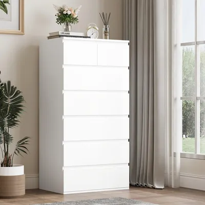 Produktbild von Schlafzimmerschrank, hoher Schrank mit 7 Schubladen und Metallschienen, weiß, 60x40x119 cm