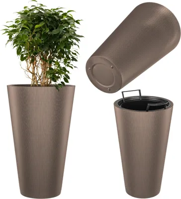 Image de Bac à fleurs KADAX Ø 29,5 x H 49 cm, bac à fleurs moderne avec pot intérieur et design strié, grand pot en plastique (marron)