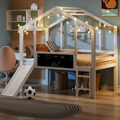 Immagine prodotto di letto a soppalco 90x200 senza materasso, letto a soppalco con scaletta di sicurezza, letto in legno massiccio con scivolo di sicurezza e pannello per graffiti, bianco