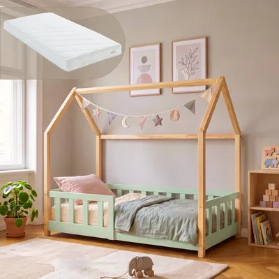 Productafbeelding van Kinderbed "Hesel" met matras en valbeveiliging, 70 x 140 cm, van grenenhout, mintgroen/naturel