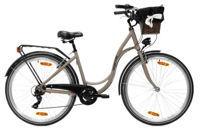 Zdjęcie produktu dla Rower miejski damski Goetze Mood 28" Alu NewLine z aluminiową ramą 18", niskim przekrokiem, 7-biegowym napędem Shimano Tourney, hamulcami V-Brake, koszem, bagażnikiem, podpórką, oświetleniem LED i dzwonkiem. Idealny do codziennych dojazdów, zakupów i rekreacyjnej jazdy po mieście