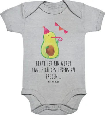 Produktbild von Mr. & Mrs. Panda Strampler Baby Avocado Party 1. - 3. Monat - Heather Grey - Geschenk, Einteiler, Geburtstag, Happy Birthday, babykleidung body, kurzarm, Babybody
