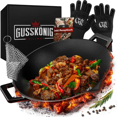 Produktbild von GUSSKÖNIG Wok Pfanne aus Gusseisen 36cm mit Ringreiniger Handschuhe