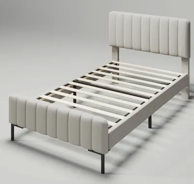 A beige upholstered bed frame with a slatted base and a channel-tufted headboard and footboard, shown against a plain light gray background.