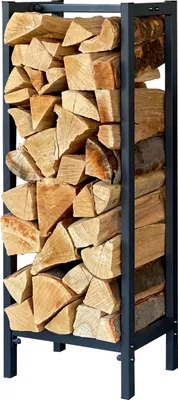 A metal firewood rack filled with logs.