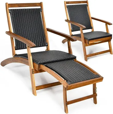 Imagen del producto de Tumbona plegable, tumbona de jardín con reposapiés extensible, silla de jardín resistente a la intemperie fabricada con polirratán y madera de acacia, tumbona de relax con capacidad de carga de hasta 160 kg, ideal para balcones, jardines y terrazas
