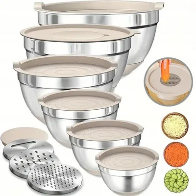 Produktbild von Edelstahl Rührschüsseln Set mit Deckeln und Reibaufsätzen