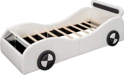 Produktbild von Kinderbett mit leuchtenden Rädern und Stauraum Polsterbett Jugendbett in Form eines Autos PolyurethanOhne Matratze 90x200cm Weiß