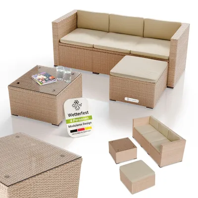 Produktbild von Juskys Polyrattan Lounge Punta Cana M creme – Gartenlounge für 3-4 Personen – Sitzgruppe mit Sofa, Tisch & Hocker - Sitzbezüge Sand
