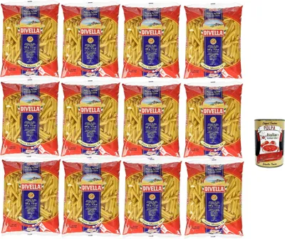 Produktbild von Divella Pasta 100% Italienisch Penne Mezzani 34, Nudeln aus Hartweizengrieß, Kochen 8 Minuten 12x 500g + Italian Gourmet polpa 400g