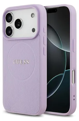 A close-up view of a purple phone case with the Guess logo on it, placed next to a smartphone.