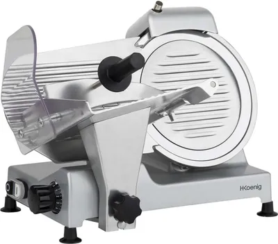 A silver electric slicer with black accents is shown against a white background.