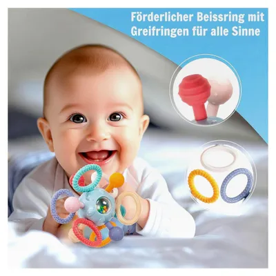 Produktbild von Greifball für Babys, Beißspielzeug ab 3 Monaten, Silikon-Beißring, Motorikspielzeug, Montessori-Frühbildung, Babyrassel, Spielzeug für Babys ab 0 bis 12 Monaten