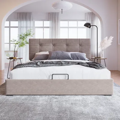 Image de Sweiko Lit rembourré 140x200cm avec tête de lit réglable et sommier à lattes Lit boxspring hydraulique avec espace de rangement Velours gris clair (sans matelas)