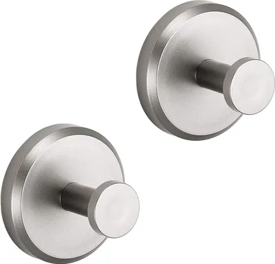 Two silver-colored hooks against a white background.