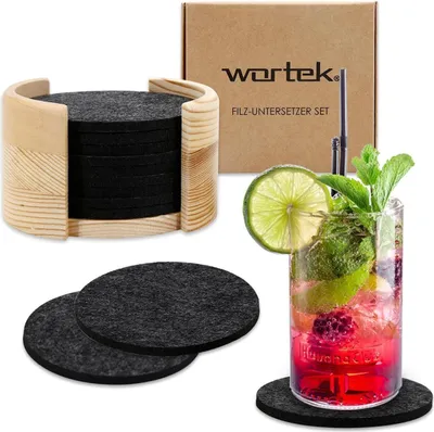 Produktbild von wortek Filz Untersetzer - Holzhalterung I Filzdeckel Getränkeuntersetzer aus Filz - Getränke, Tassen, Bar & Tisch I 10er Set I 10cm I Rund I Schwarz