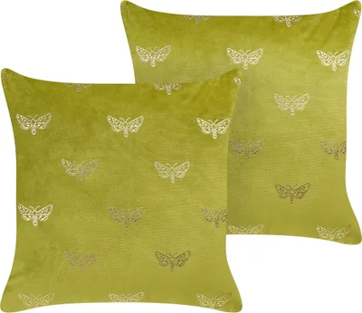 Obrázok produktu pre BELIANI Sada 2 dekoratívnych vankúšov svetlozelená zamatová 45 x 45 cm dekoratívne vankúše so vzorom motýľov snímateľný poťah s výplňou