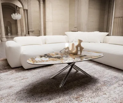 Produktbild von DELIFE Couchtisch Edge Oval 140x75 cm Keramik Patagonia Poliert Sarity Metall Effektfinish Titan