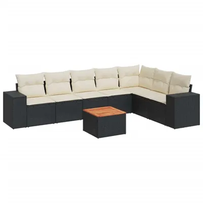 Produktbild von Modulares 8-tlg. Garten-Lounge-Set, Poly Rattan Schwarz, Akazienholz-Tisch, mit Stauraum & Cremeweißen Kissen, UV-beständig