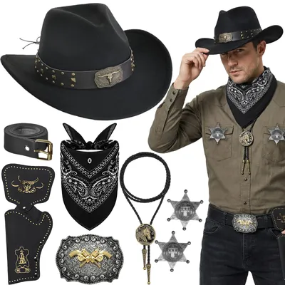 Immagine prodotto di Set di accessori per costume da cowboy western, 8 pezzi, ideale per cosplay, colore nero: cappello, bandana, fondina