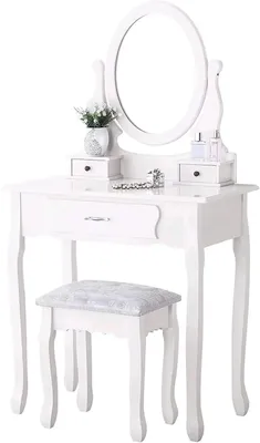 Immagine prodotto di Comò da trucco - Tavolino da parrucco - Con specchio e sgabello - 3 cassetti - Specchio ovale girevole - 75 x 136 cm - Bianco