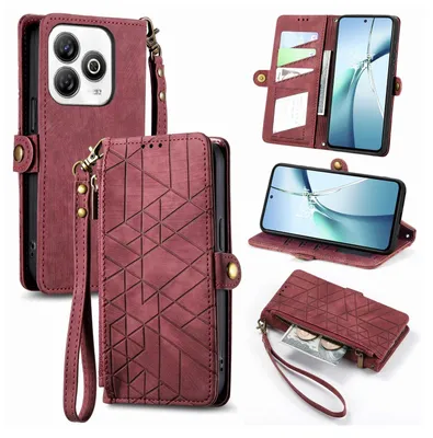Produktbild von Für ZTE Blade A75 4G Geometric Design Kunstleder Zipper Book Wallet Tasche mit Schlaufe Rot