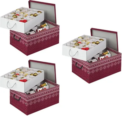 Three sets of Christmas ornament storage boxes are displayed against a white background.