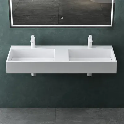 Produktbild von Mai & Mai Aufsatzwaschbecken Doppel-Waschbecken mit 2 Armaturenlöcher Hängewaschbecken 120x48x13cm in Weiß aus Mineralguss ohne Überlauf Col12