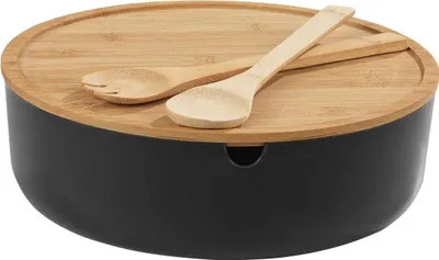 Produktbild von Salatschüssel-Set XXL - Schwarz - Braun - Kunststoff - Holz - mit Besteck - 4-teilig