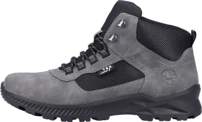 A side view of a gray hiking boot.